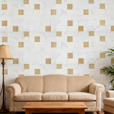 Square White Gold Peel and Stick Mosaic living room Wall Tiles - Darphe