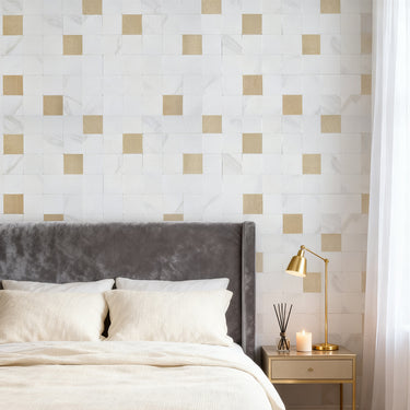 Square White Gold Peel and Stick Mosaic bedroom Wall Tiles - Darphe